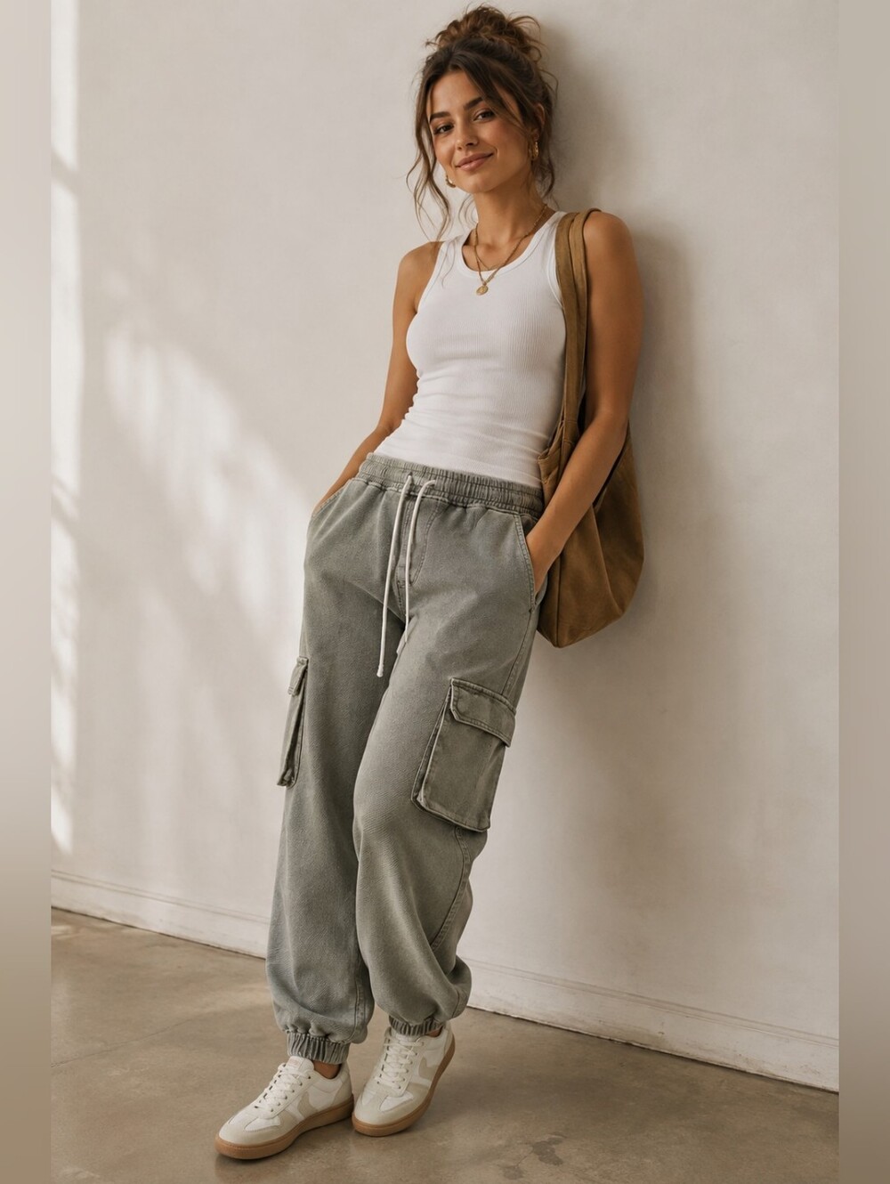 Forever 21 Cargo Jogger Jean Pants Womens L Green 100% Cotton Drawstring Utility